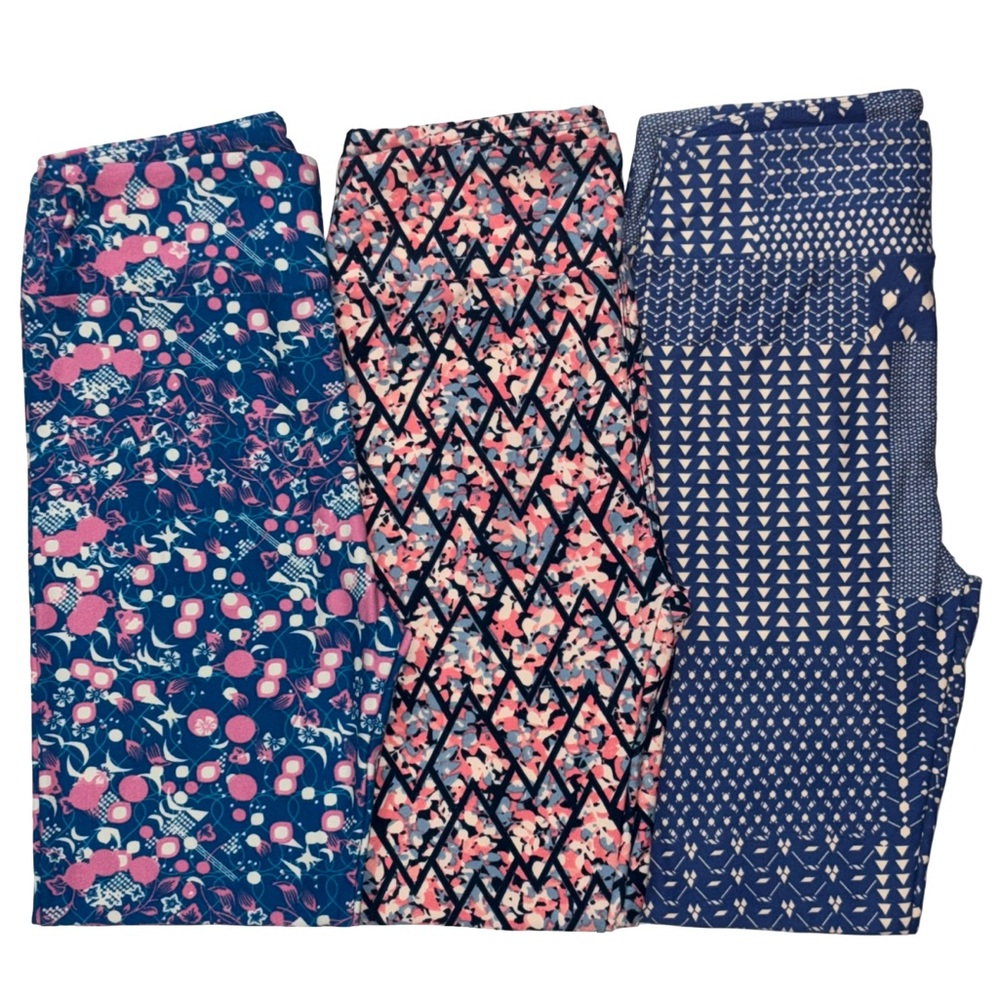 Lot of 3 LuLaRoe Leggings Size OS Geometric Blue Pink White